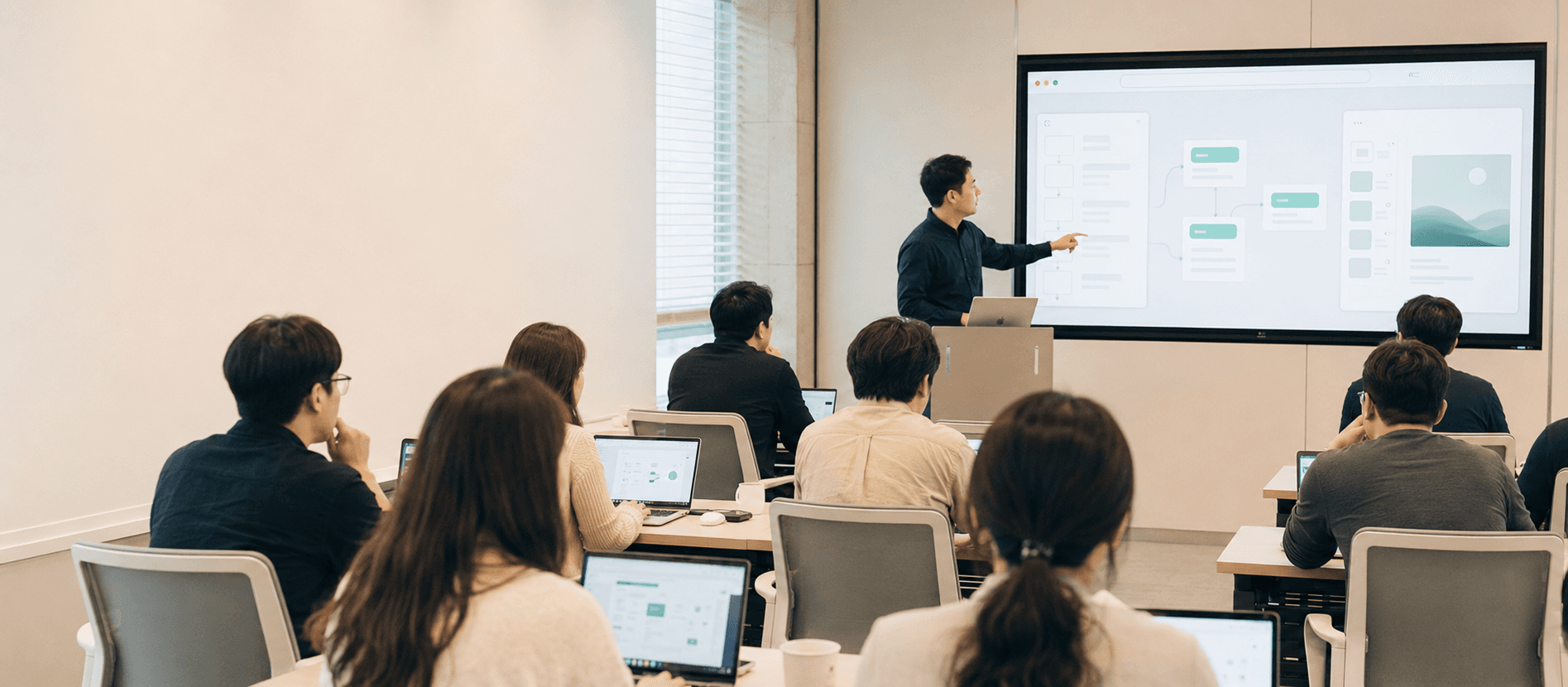 기업 교육 현장에서 강사가 화면을 가리키며 설명하고 참가자들이 노트북으로 따라 하는 모습